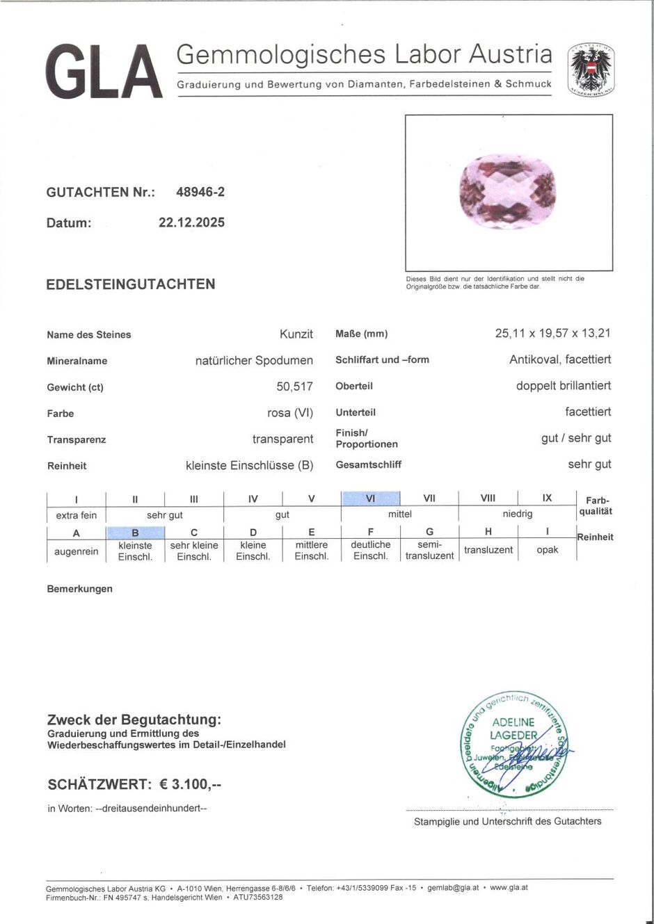 Gutachten zu Kunzit Antikoval 50,5 ct