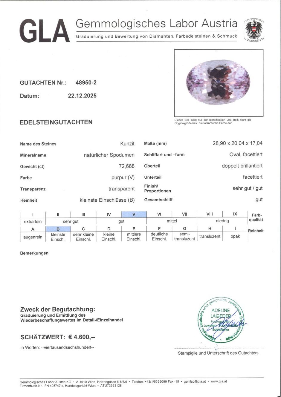 Gutachten zu Kunzit oval 72,68 ct