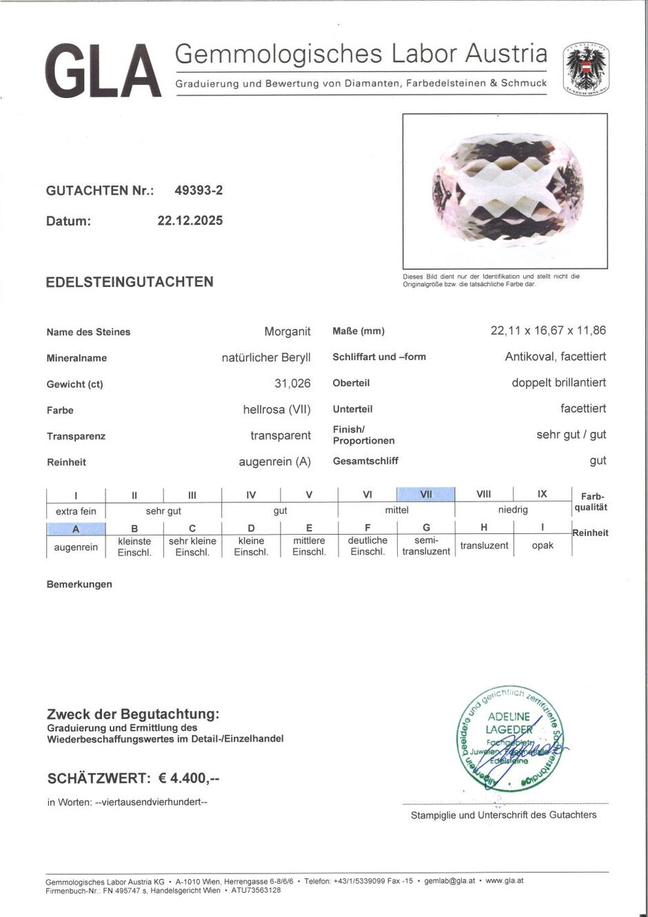 Gutachten zu Morganite cushion light pink 31.02 ct