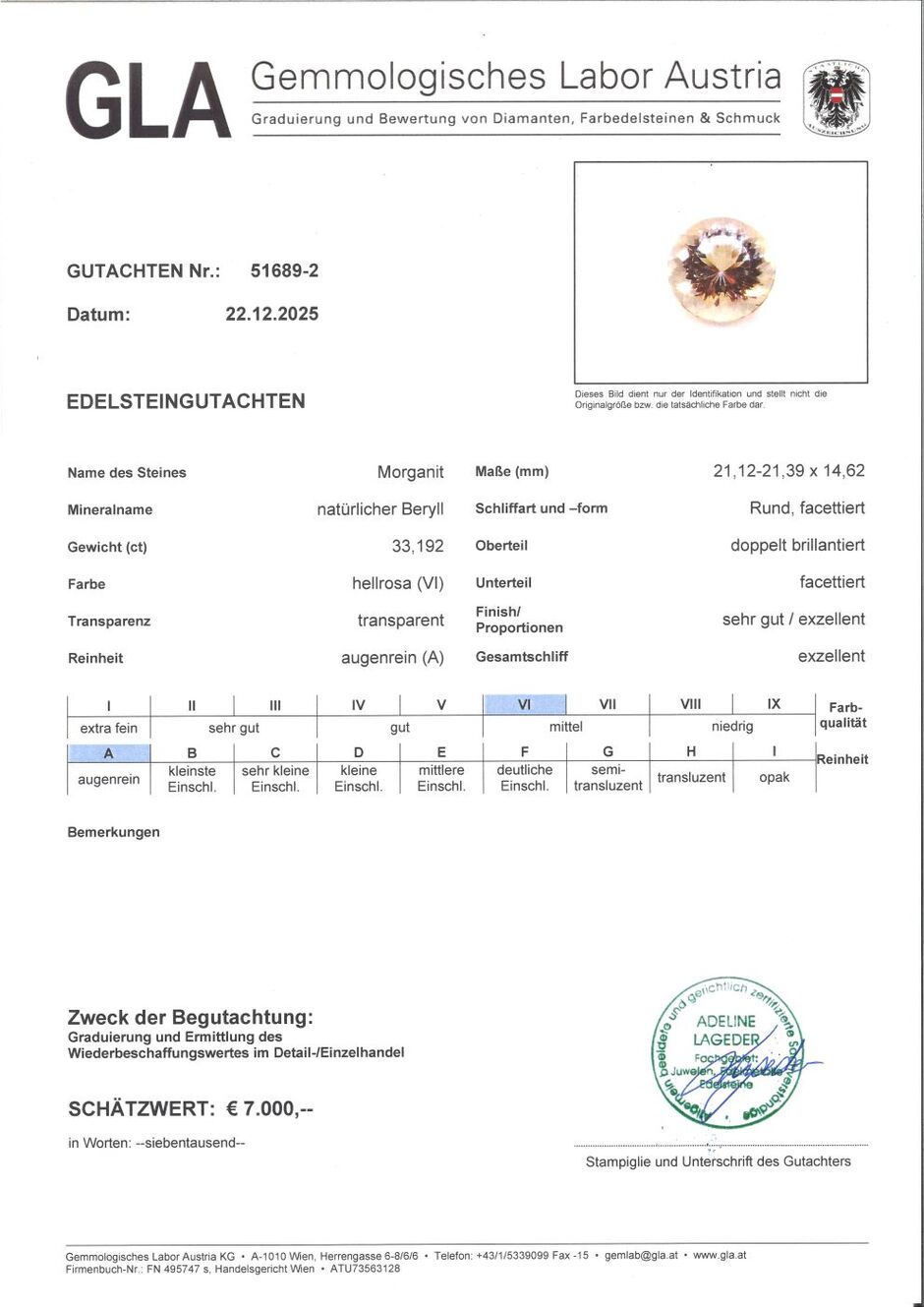Gutachten zu Morganit Beryll rund hellrosa 33,19 ct