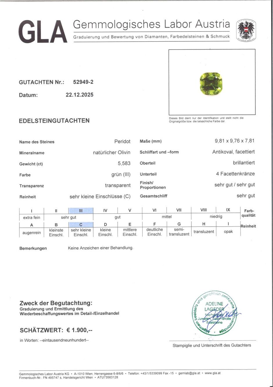 Gutachten zu Peridot octagon green 5.58 ct