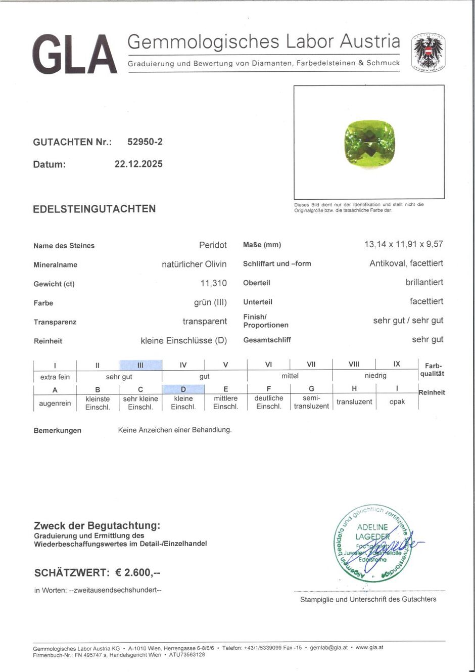 Gutachten zu Peridot cushion 11.31 ct