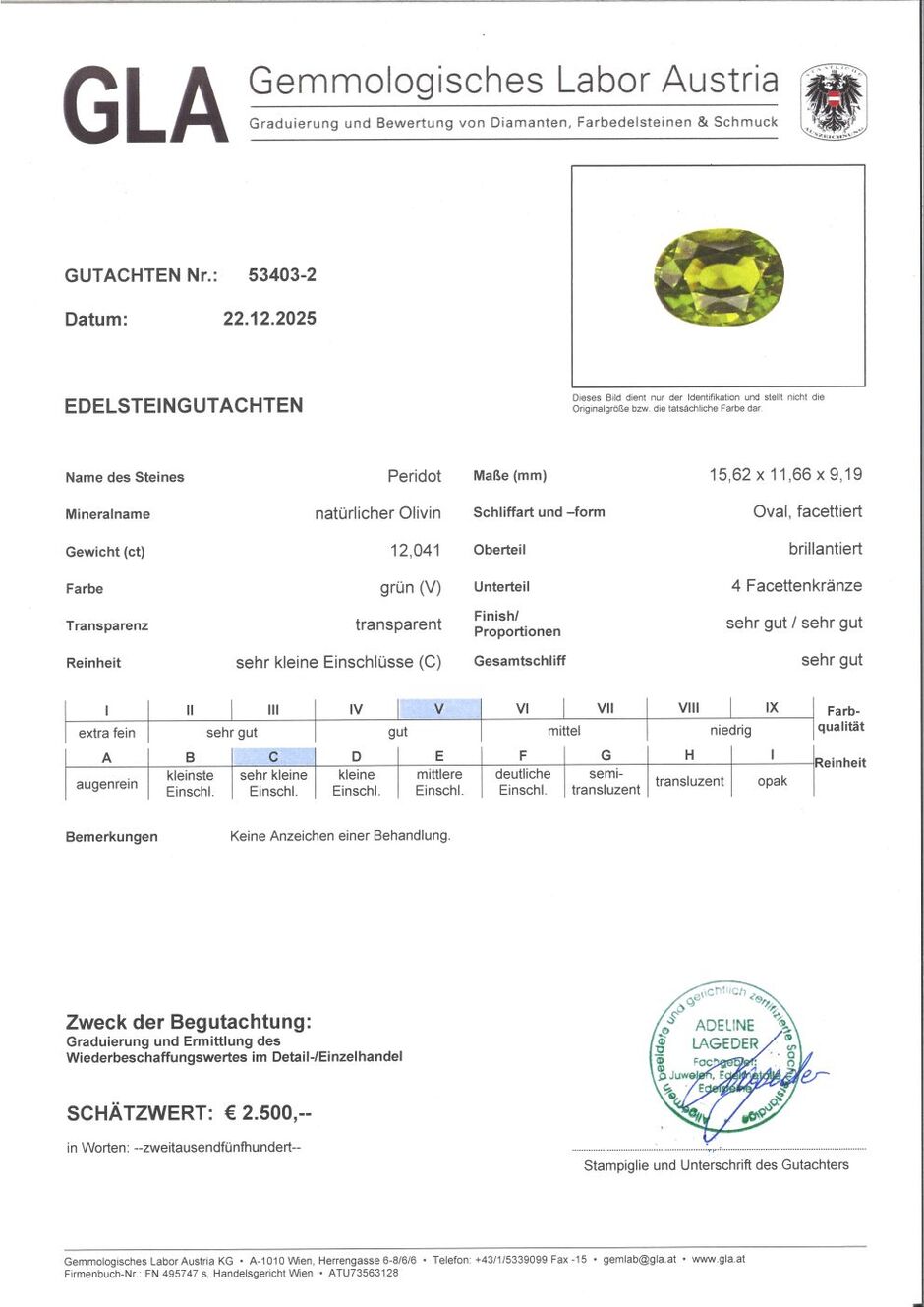 Gutachten zu Peridot oval green 12.04 ct
