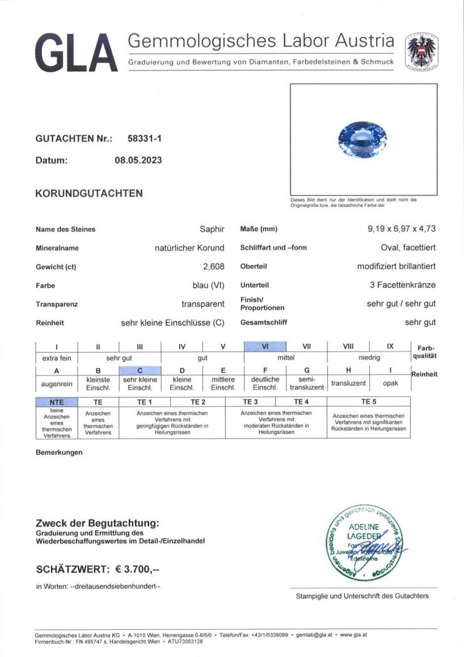 Gutachten zu Sapphire oval blue untreated 2.60 ct.