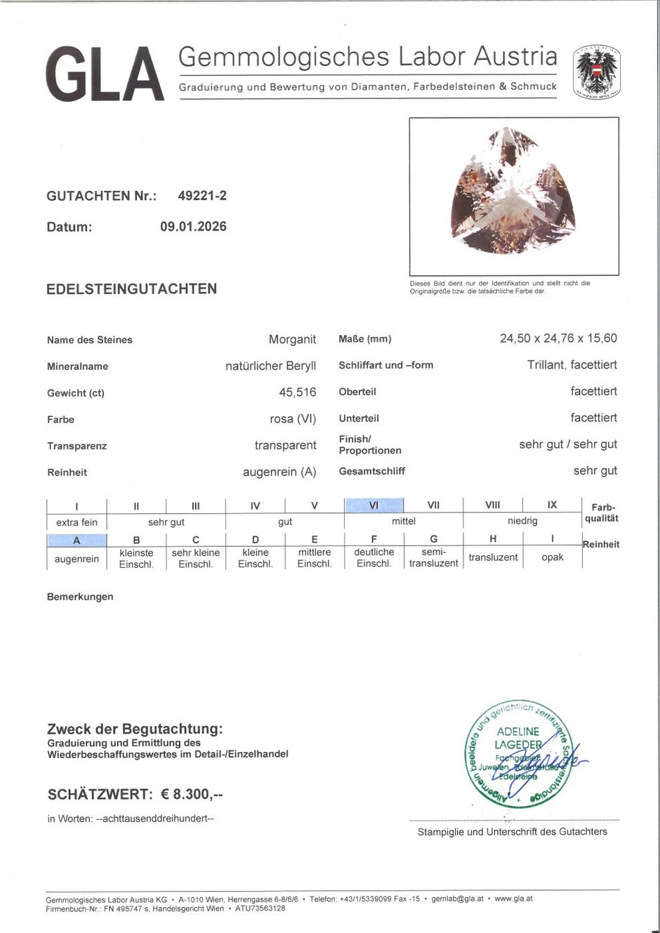 Gutachten zu Morganite trillion 45.51 ct