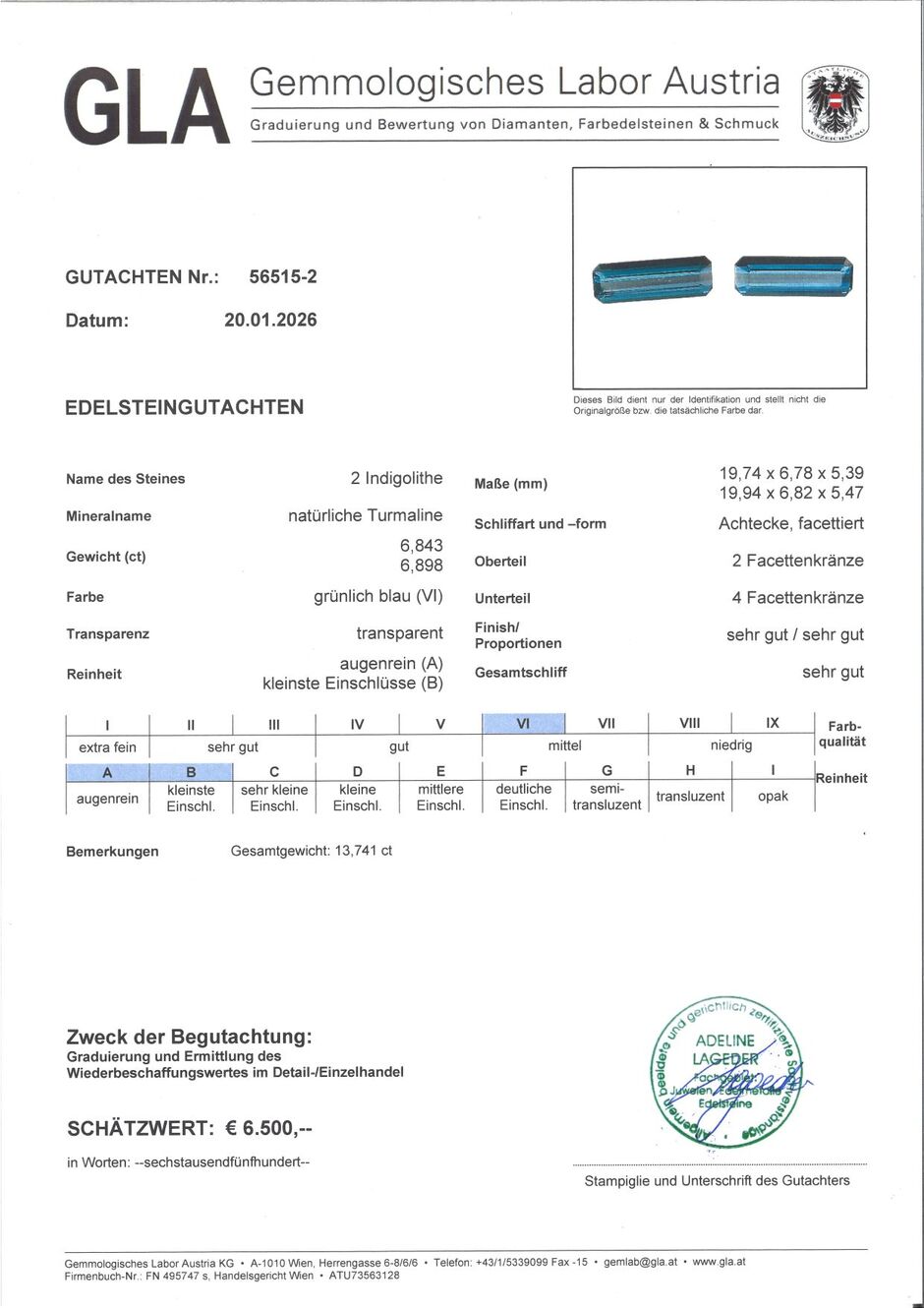 Gutachten zu Indicolite Pair Tourmalines Achteckschliffe blue 13.74 ct
