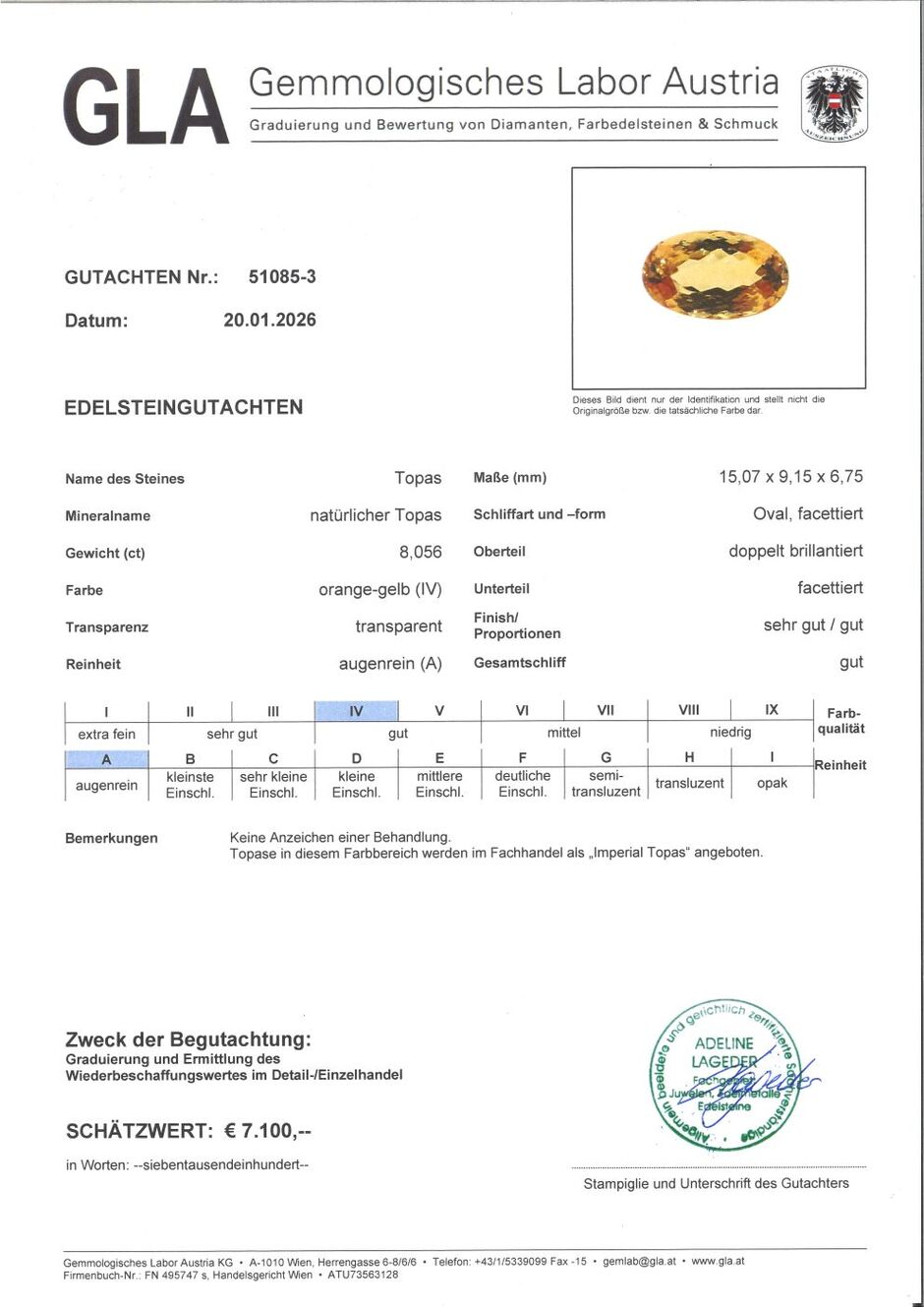 Gutachten zu imperial Topaz oval yellow orange 8.05 ct