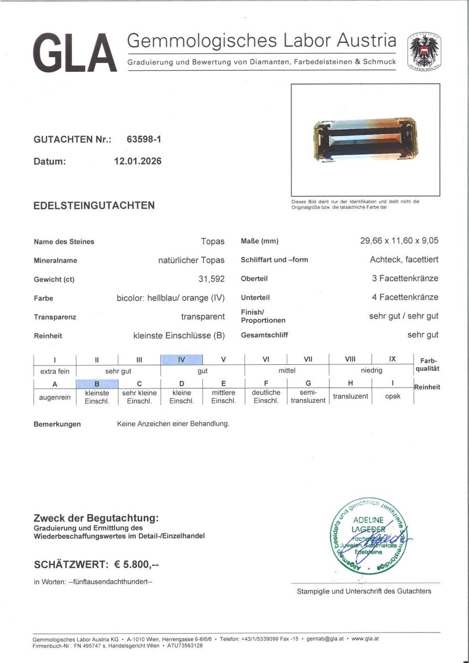 Gutachten zu Bicolor Topaz octagon hellblau+orangebraun untreated 31.59 ct.