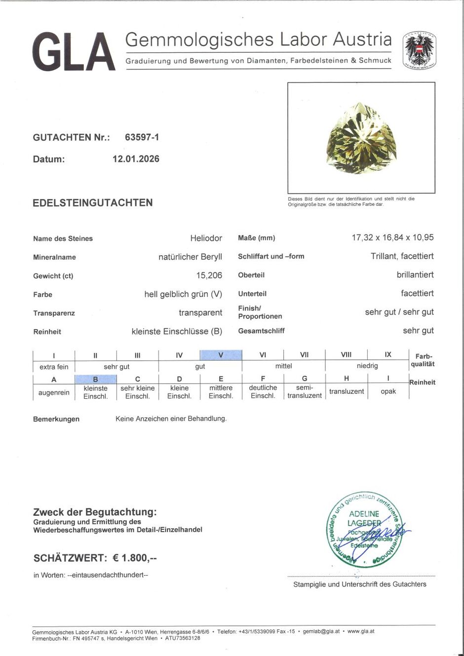 Gutachten zu Heliodor Beryll trillion light yellow green 15.20 ct.