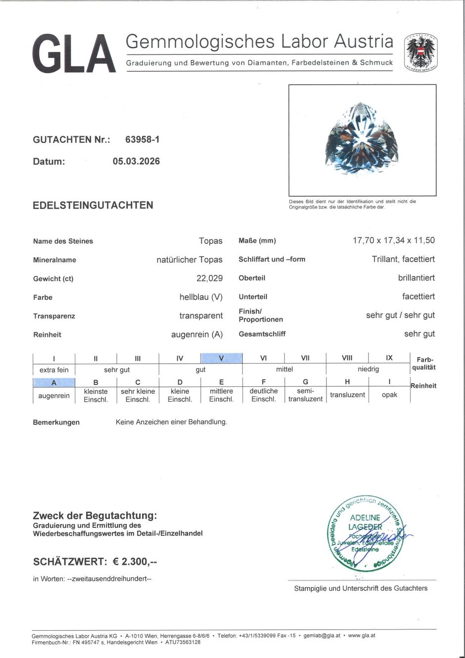 Gutachten zu Topas Trillion hellblau unbehandelt 22,02 ct.