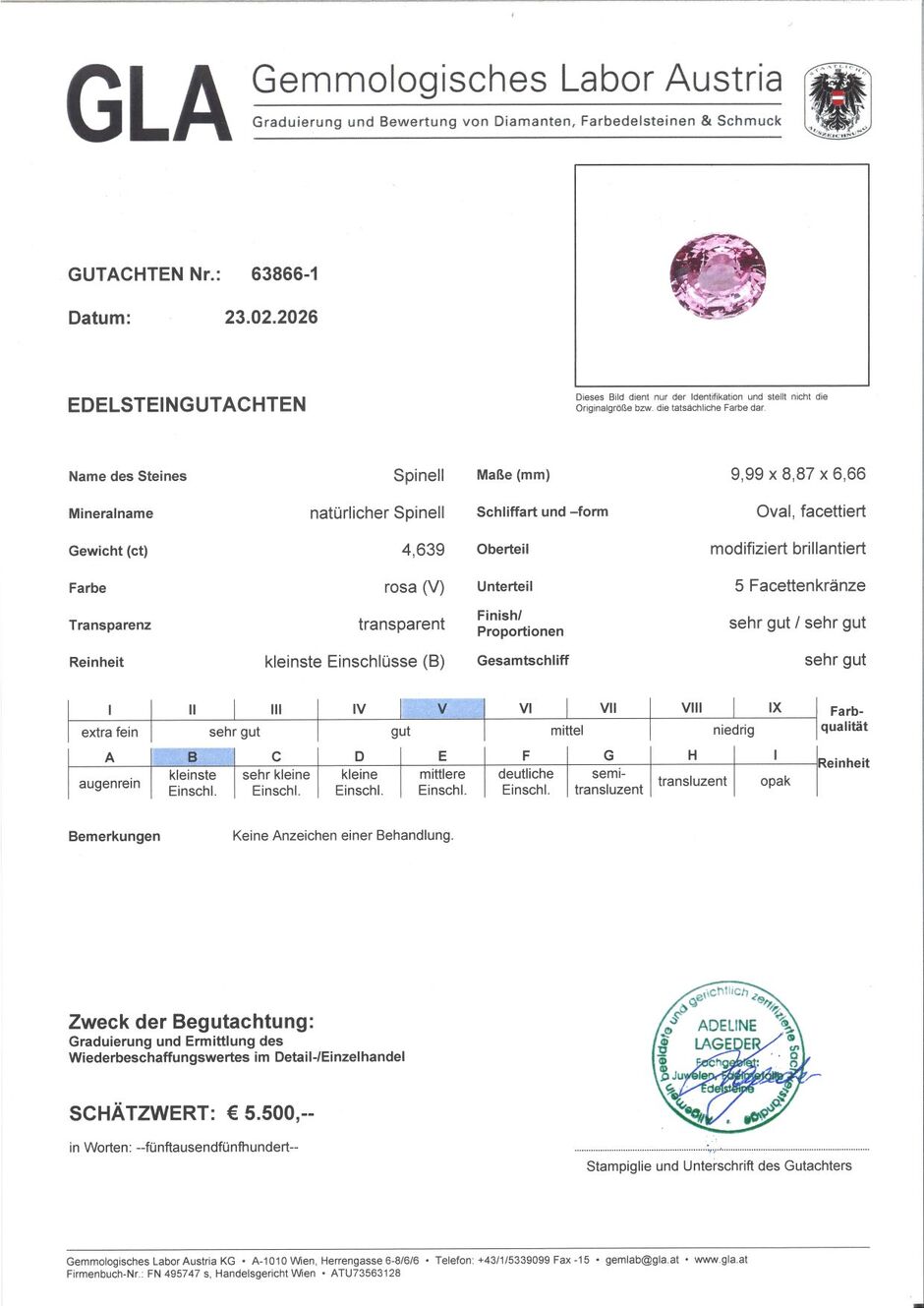 Gutachten zu Spinel oval pink untreated 4.63 ct.