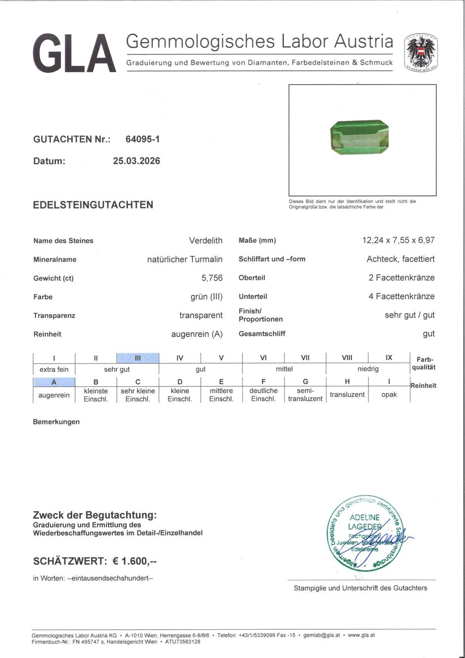 Gutachten zu Green Tourmaline Tourmaline octagon green 5.75 ct.