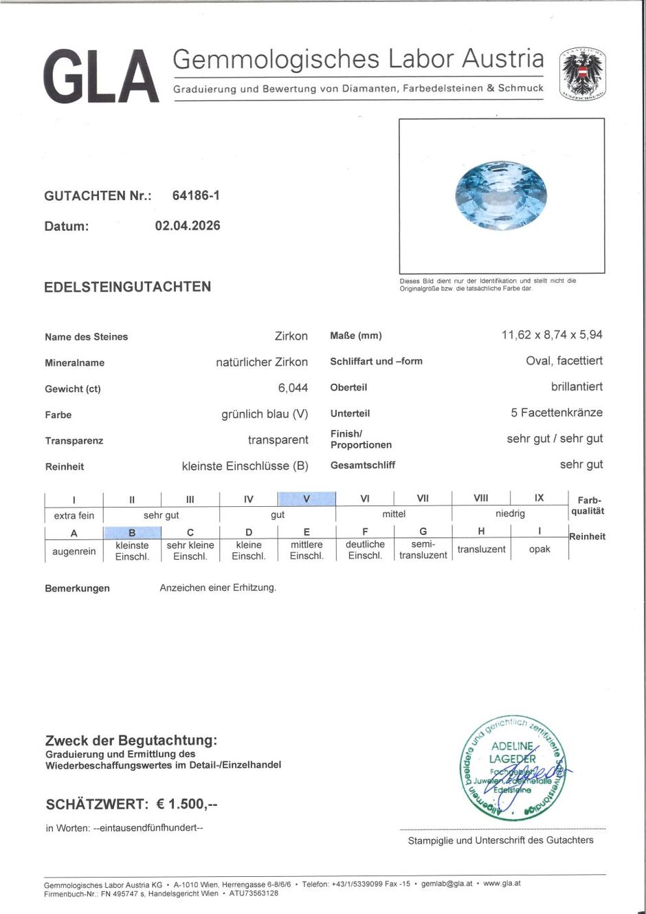 Gutachten zu Zirkon oval intensives Hellblau 6,04 ct