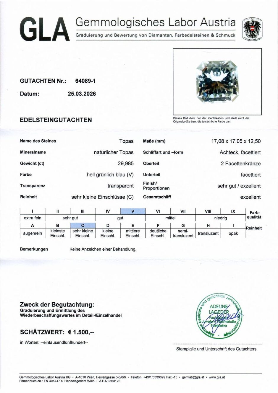 Gutachten zu Topaz Design-Achteck light blue untreated 29.98 ct.