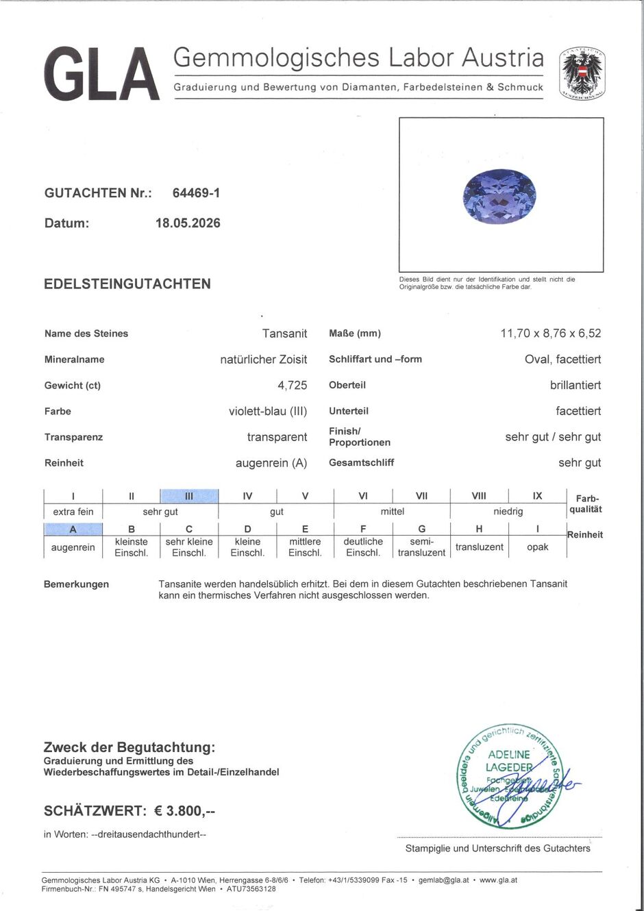 Gutachten zu Tansanit oval intensives Blau 4,72 ct.