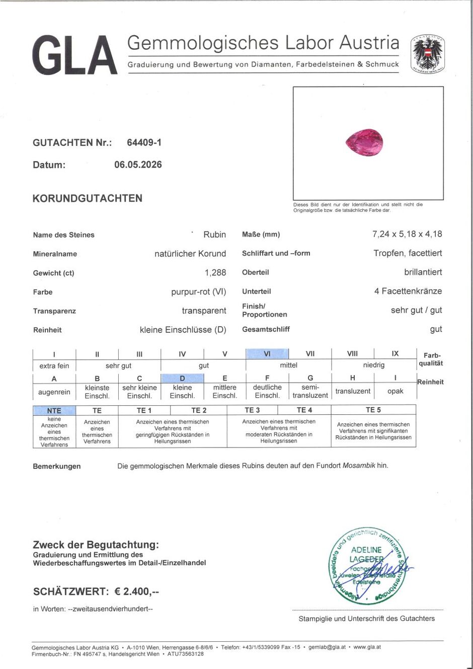 Gutachten zu Ruby pear purple red untreated 1.28 ct.