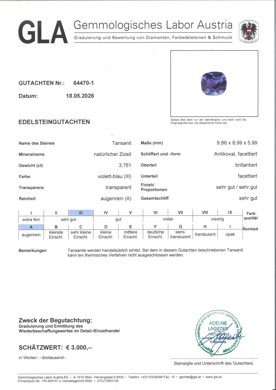 Gutachten zu Tansanit antik intensives Violettblau 3,76 ct.