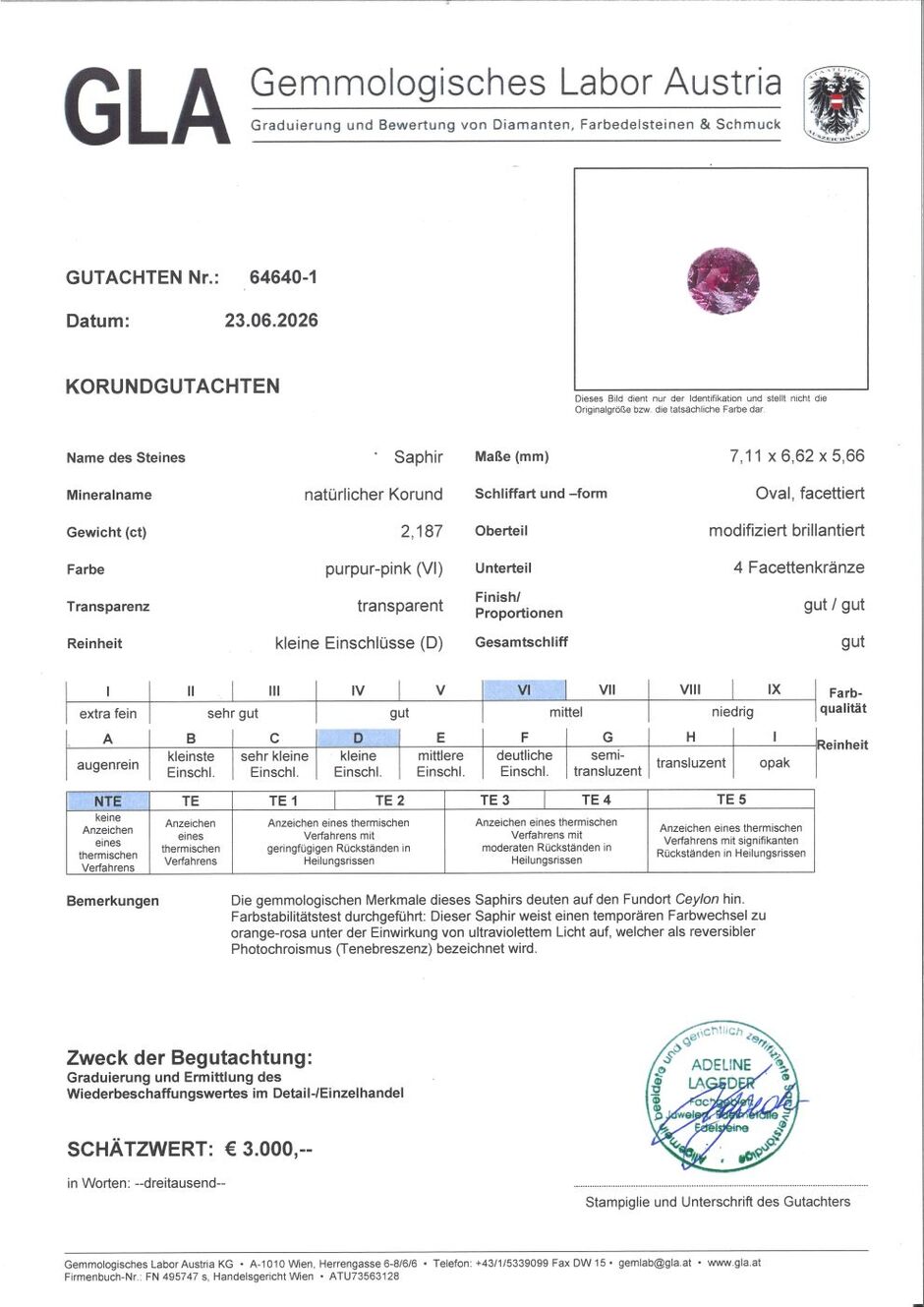 Gutachten zu Saphir oval purpur-pink unbehandelt 2,18 ct.