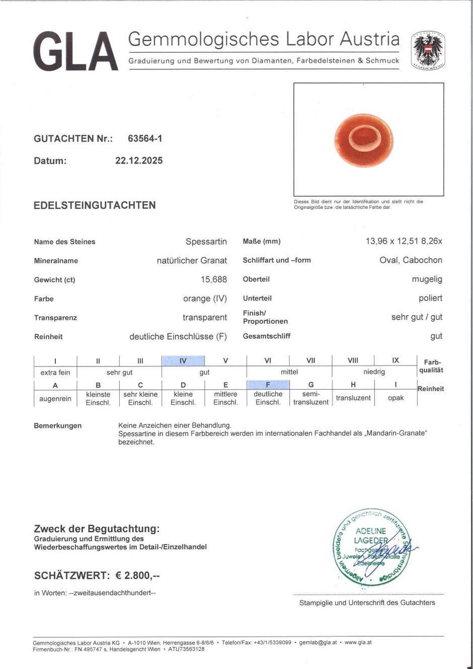 Gutachten zu Mandarin-Granat cabochon oval orange 15.68 ct.