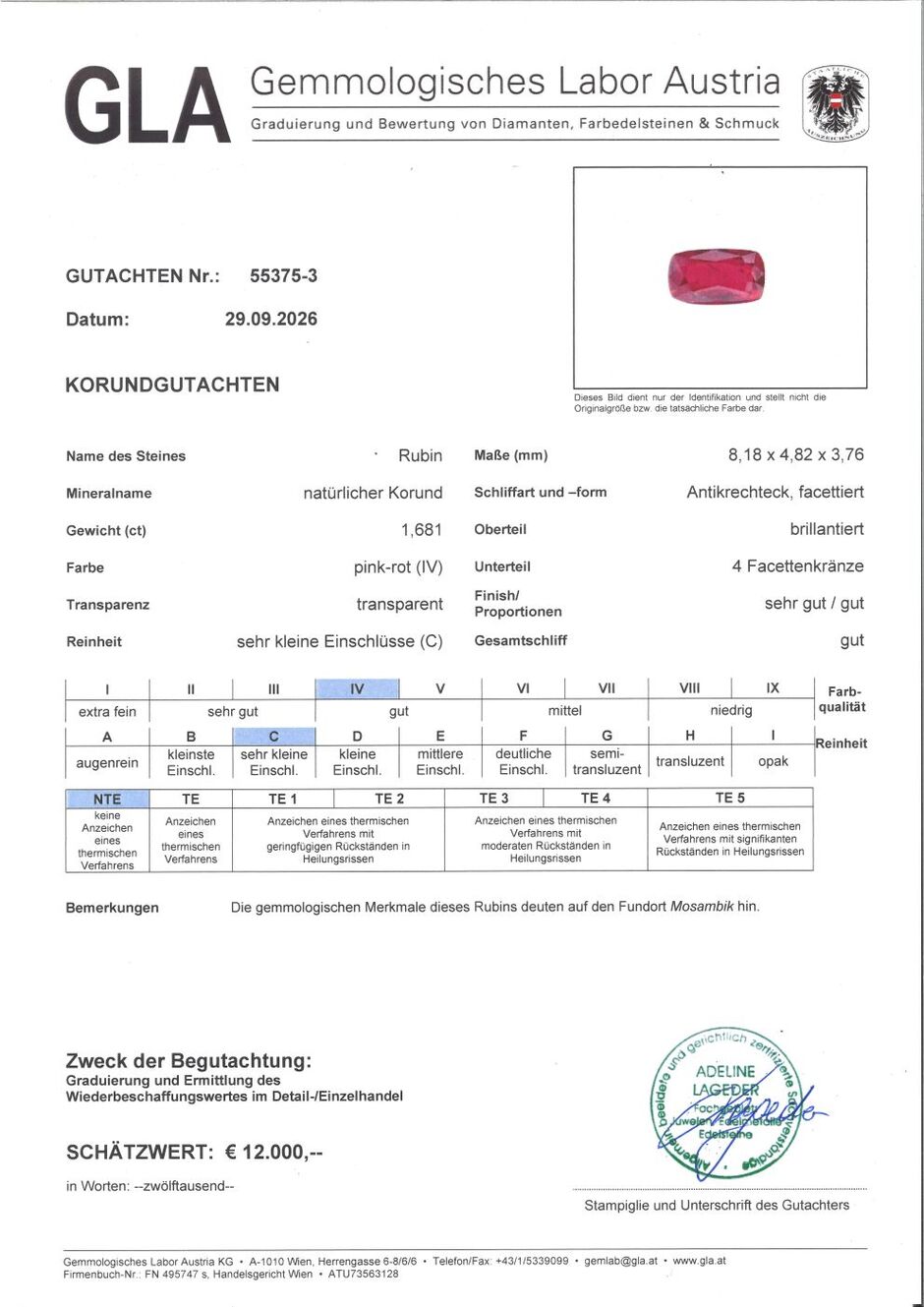 Gutachten zu Ruby Kissenschliff pinkish red untreated 1.68 ct.