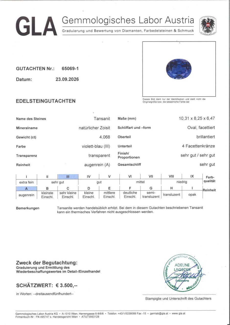 Gutachten zu Tansanit oval intensivblau 4,06 ct.
